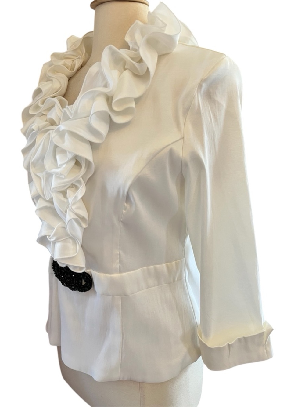 Danny Couture White V- Neck Blouse tiered ruffle collar,black jeweled buckle XL - Picture 5 of 13